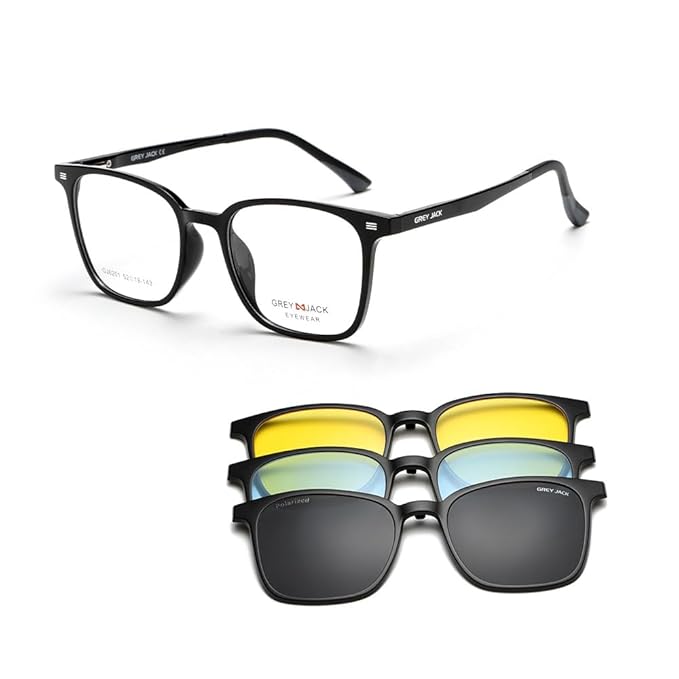 grey jack Polarized Clip On Glasses with Spring Hinge,Square TR90 Spectacle Frame with 3PCS Magnetic Lens for Myopia Men Women